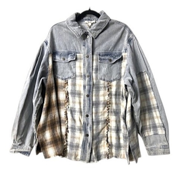 NWT Denim Plaid Flannel Patchwork Shacket XL Rustic Shabby Chic Farm Cowgirl - Picture 1 of 14